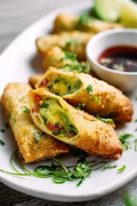 Delicious avocado egg rolls served with dipping sauce on a plate