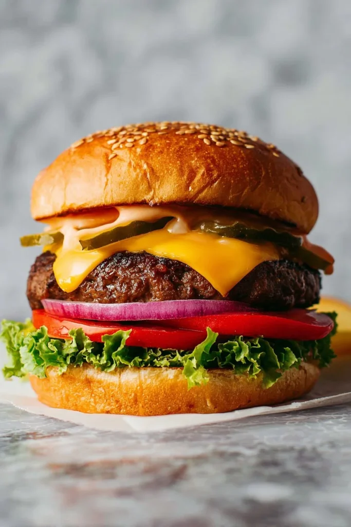 Delicious homemade cheeseburger with fresh toppings and melted cheese