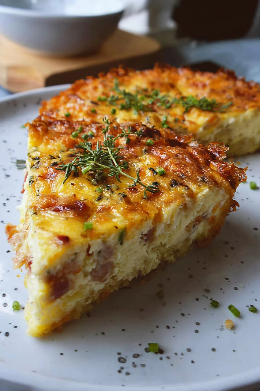Delicious gluten-free hash brown crust quiche with vegetables and cheese