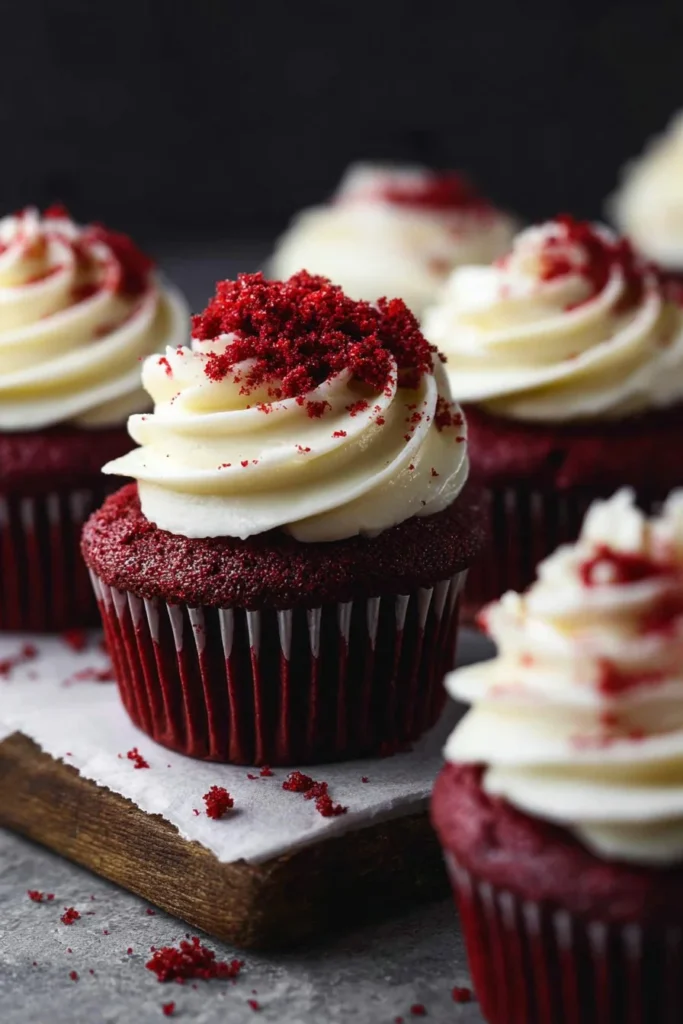 Delicious red velvet cupcakes with cream cheese frosting on a white platter