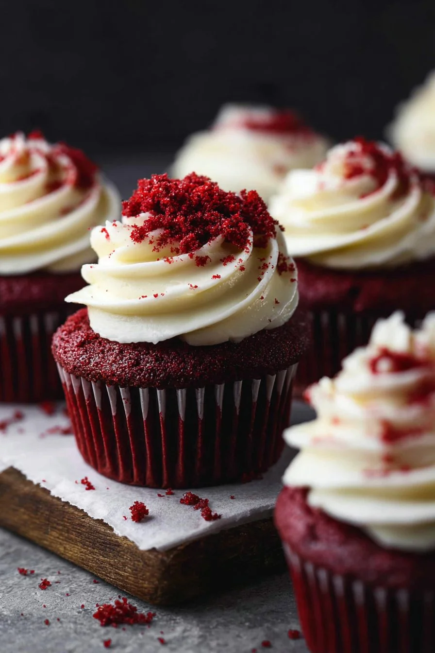 Delicious red velvet cupcakes with cream cheese frosting on a white platter