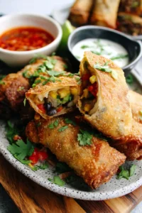 Plate of delicious Southwest chicken egg rolls with dipping sauce