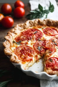 Delicious slice of homemade tomato pie served on a wooden table