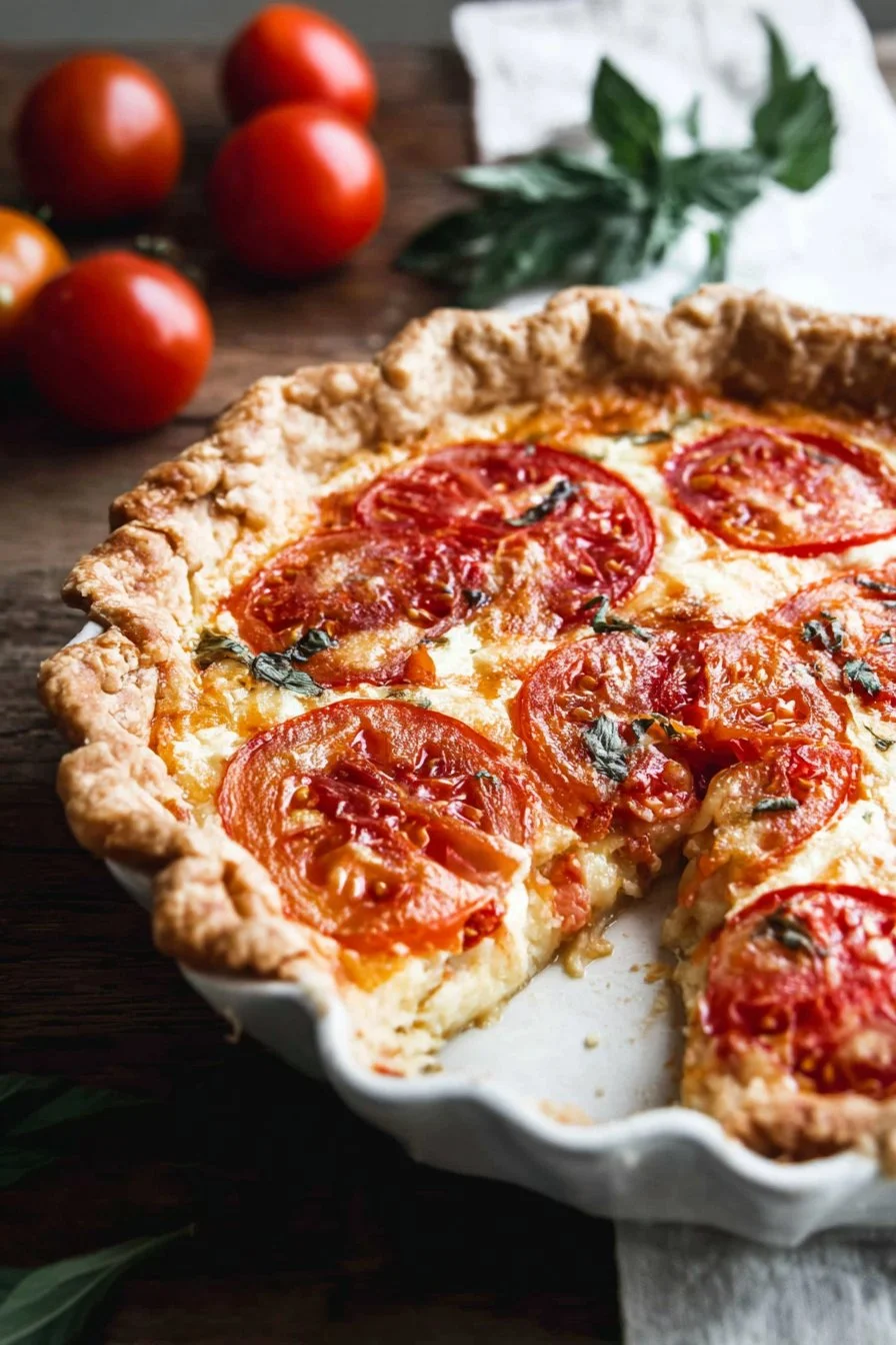 Delicious slice of homemade tomato pie served on a wooden table