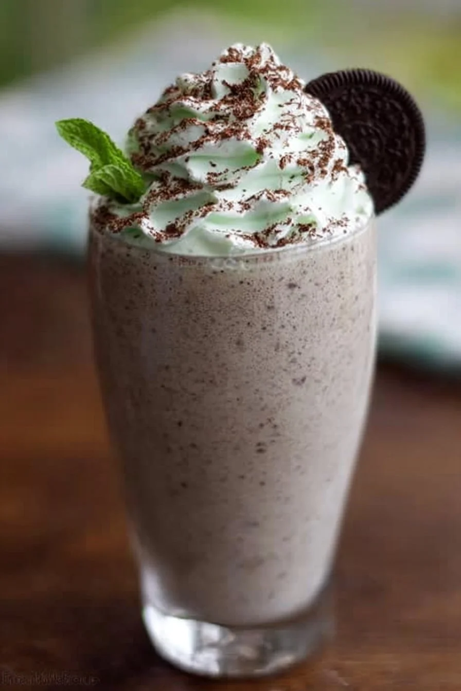 Creamy Thin Mint Milkshake topped with whipped cream and mint leaves