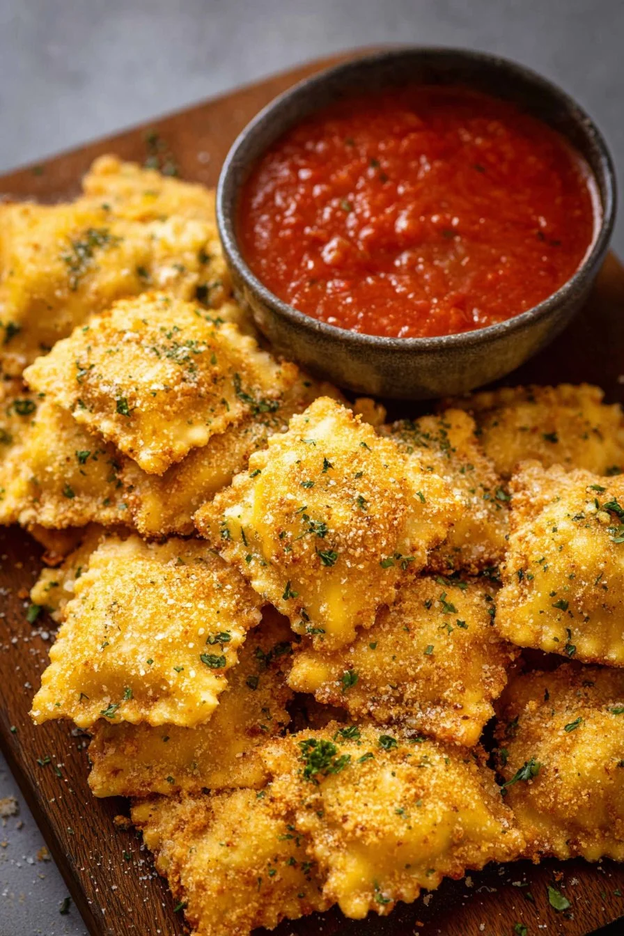 Golden toasted ravioli served with marinara sauce and garnished with parsley.