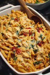 Delicious Tuscan Chicken Pasta Bake served in a rustic dish with fresh herbs.