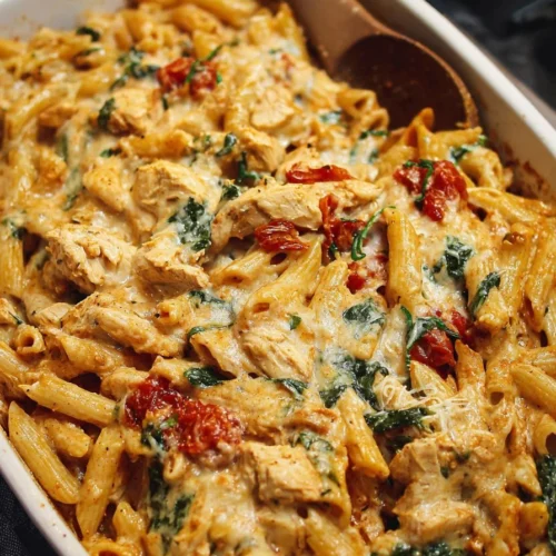Delicious Tuscan Chicken Pasta Bake served in a rustic dish with fresh herbs.