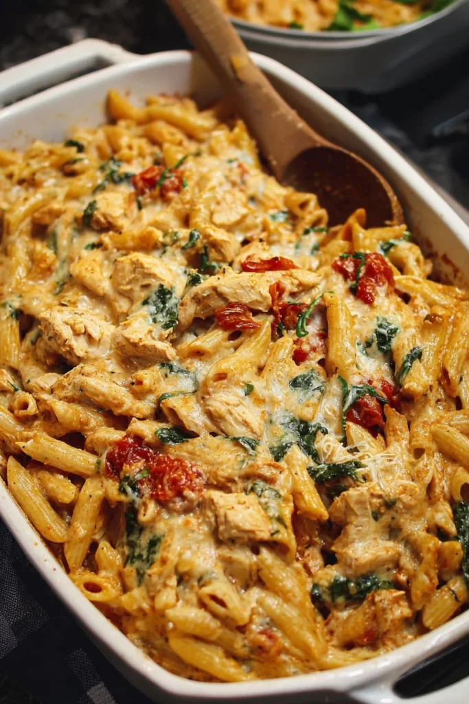 Delicious Tuscan Chicken Pasta Bake served in a rustic dish with fresh herbs.