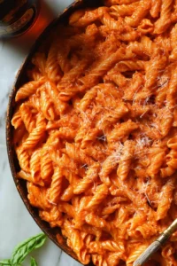 Plate of creamy vodka sauce pasta garnished with fresh herbs