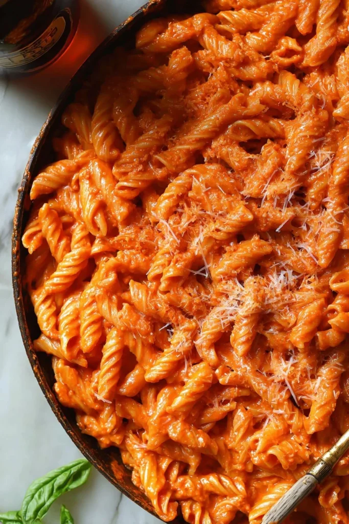 Plate of creamy vodka sauce pasta garnished with fresh herbs