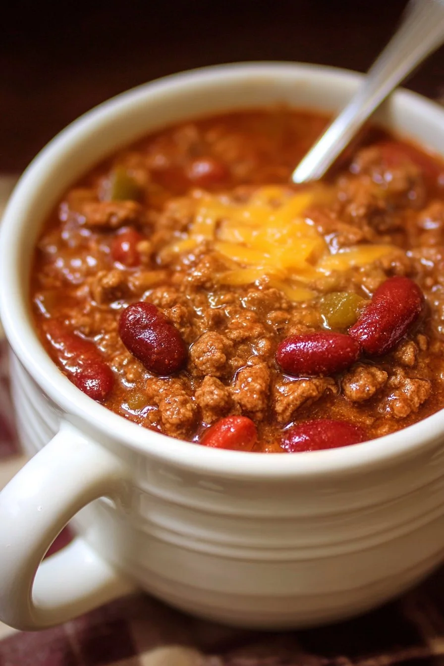 Homemade Wendy's Chili with beans, meat, and spices in a bowl
