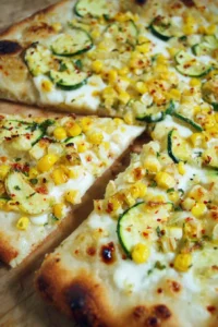 Homemade white zucchini corn pizza garnished with fresh basil