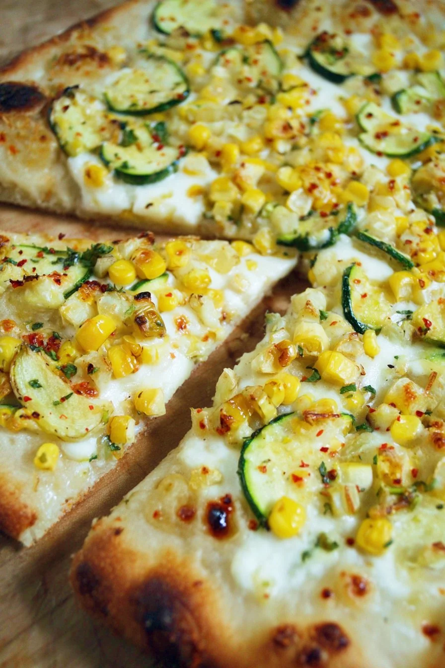 Homemade white zucchini corn pizza garnished with fresh basil