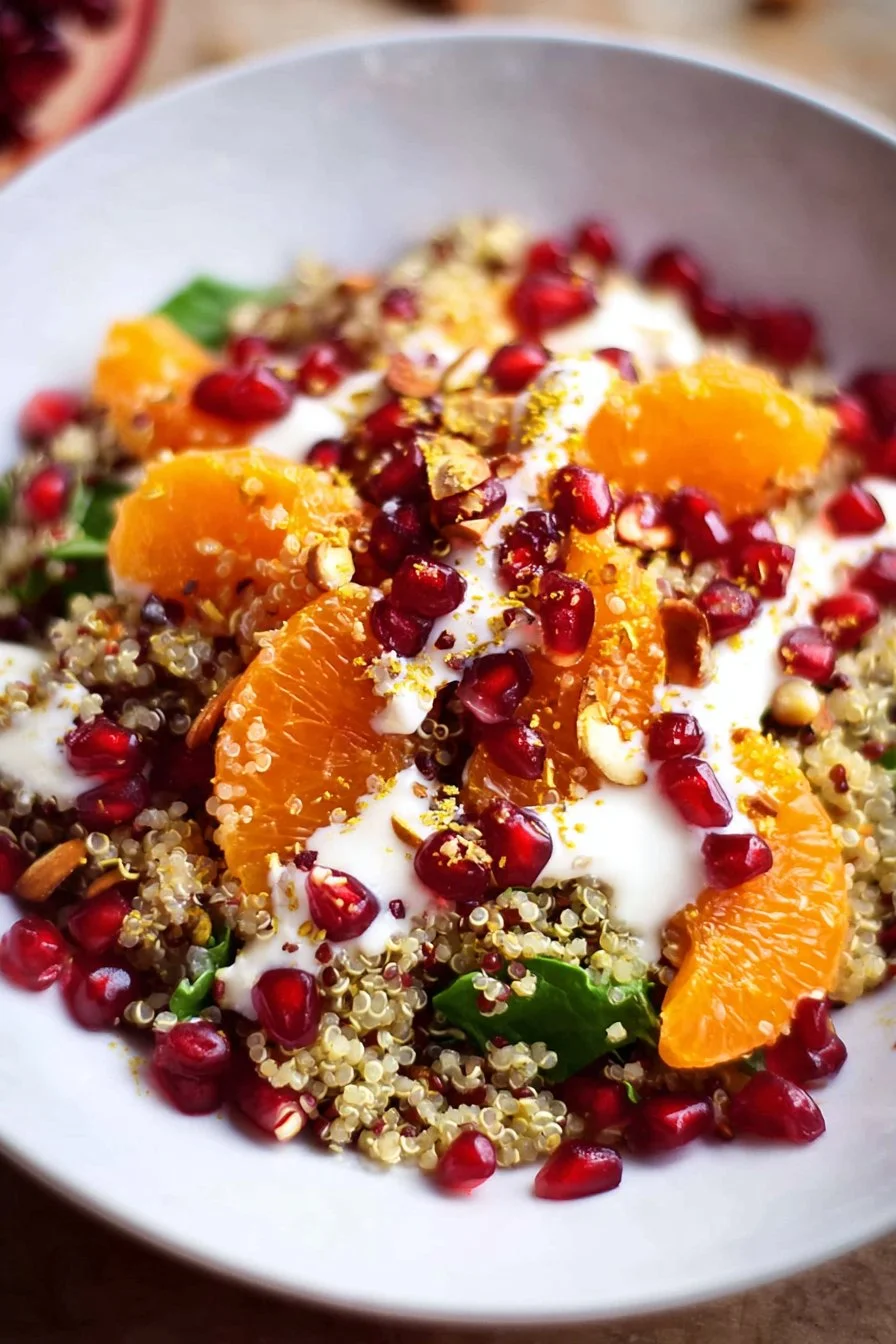 Winter pomegranate orange quinoa salad with creamy lemon Greek yogurt dressing