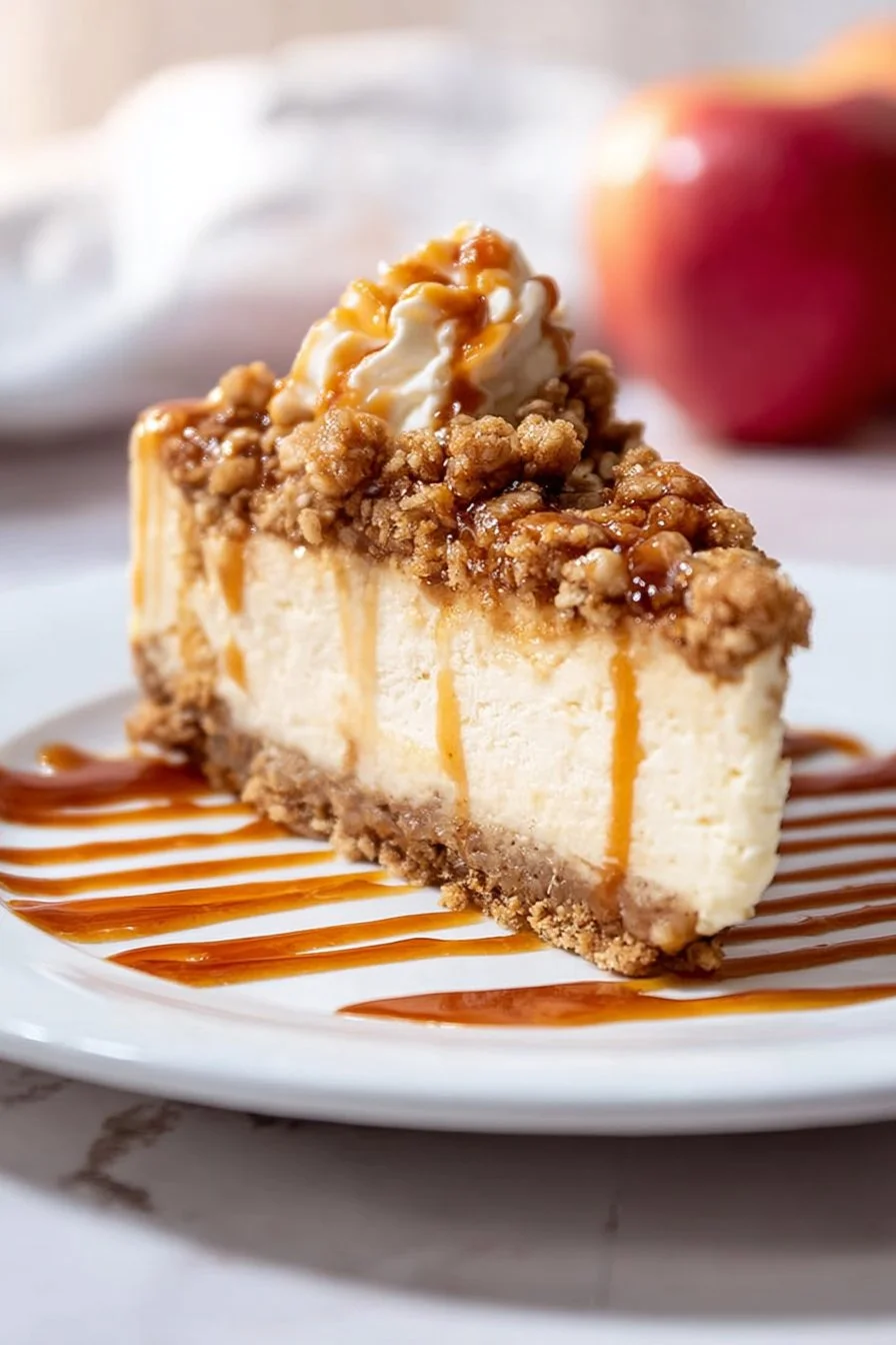 Delicious Apple Crisp Cheesecake topped with spiced apple mixture