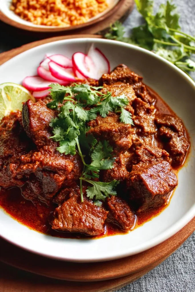 Delicious dish of authentic Beef Chile Colorado served with rice and tortillas.