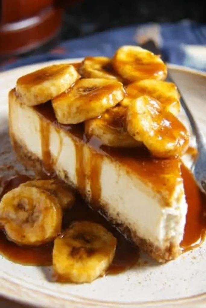 Slice of Bananas Foster Cheesecake topped with caramelized bananas and whipped cream.