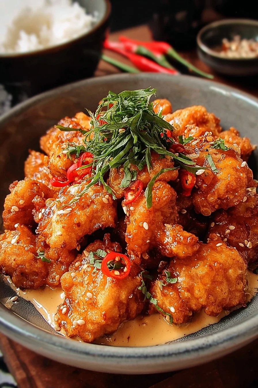 Plate of delicious Bang Bang Chicken garnished with fresh herbs