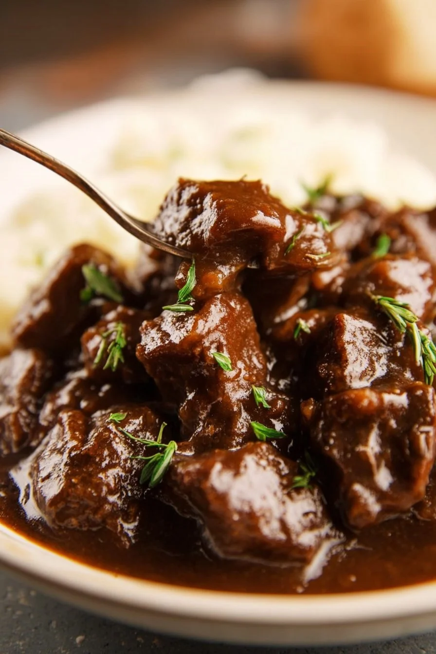 Delicious beef tips simmered in rich gravy served on a plate