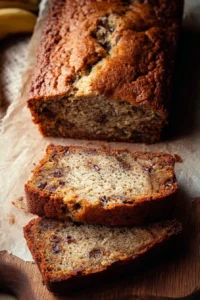 Delicious slice of homemade banana bread on a wooden cutting board