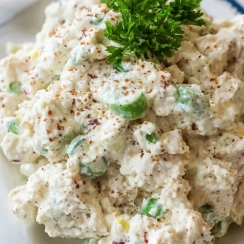 Delicious homemade chicken salad served in a bowl with fresh ingredients