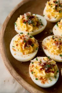 Delicious deviled eggs garnished with paprika, ready to serve as appetizers.