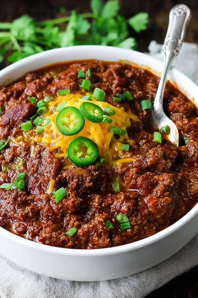 Delicious Texas style chili without beans in a rustic bowl
