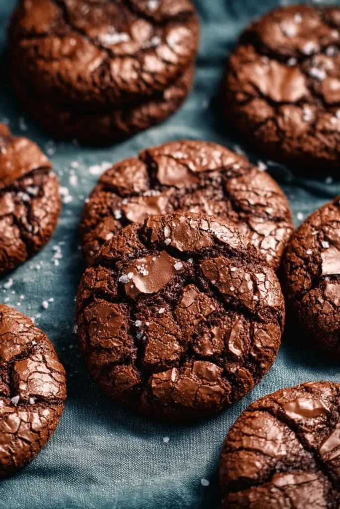 Deliciously chewy brownie cookies stacked on a plate.