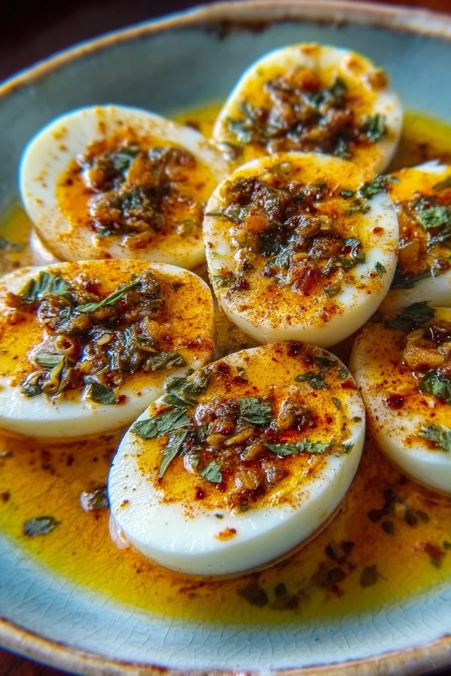 Cajun boiled eggs served with spicy garlic butter sauce on a plate