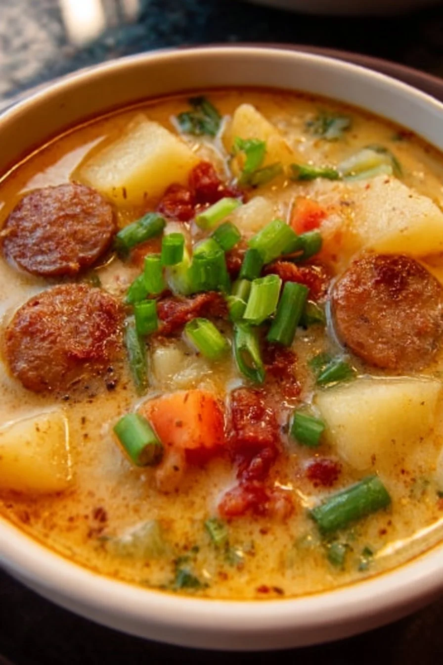 Bowl of delicious Cajun Potato Soup garnished with herbs and spices.