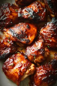 Oven-baked caramelized BBQ chicken thighs garnished with fresh herbs