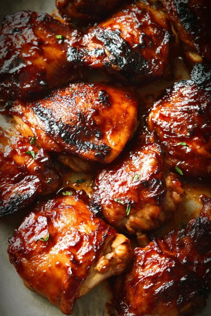 Oven-baked caramelized BBQ chicken thighs garnished with fresh herbs