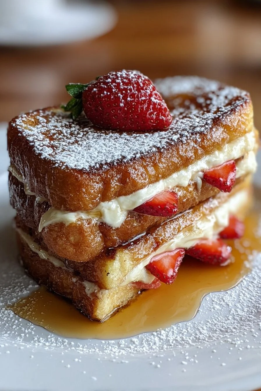 Delicious cheesecake stuffed French toast stacked on a plate