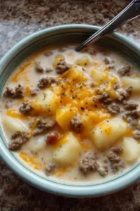 Bowl of cheesy hamburger potato soup garnished with herbs