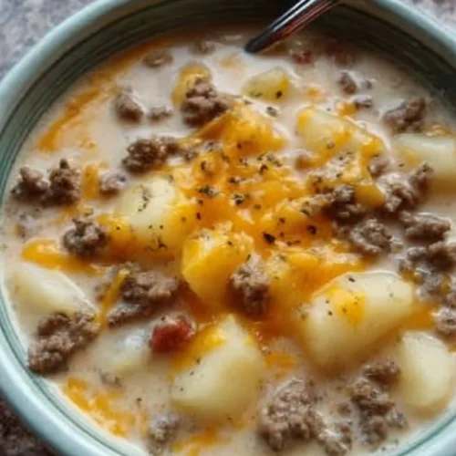 Bowl of cheesy hamburger potato soup garnished with herbs