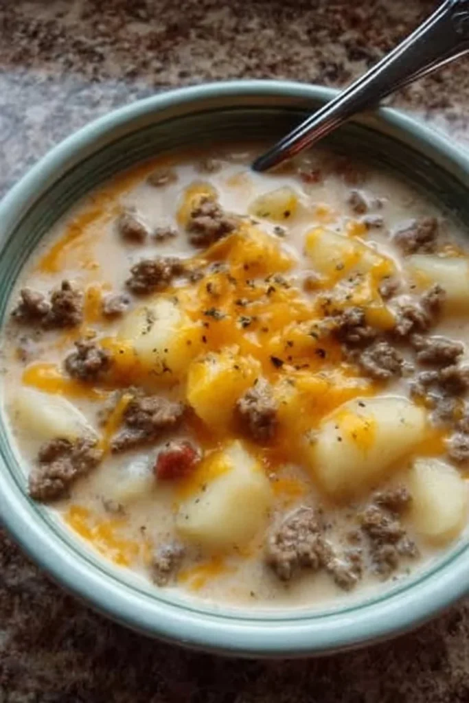 Bowl of cheesy hamburger potato soup garnished with herbs