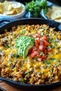 Cheesy Taco Rice Skillet savory dish with cheese and taco flavors