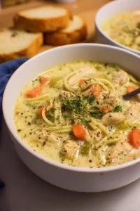 Bowl of creamy Chicken Alfredo Soup topped with parsley and garlic croutons.