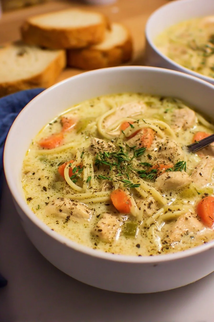 Bowl of creamy Chicken Alfredo Soup topped with parsley and garlic croutons.