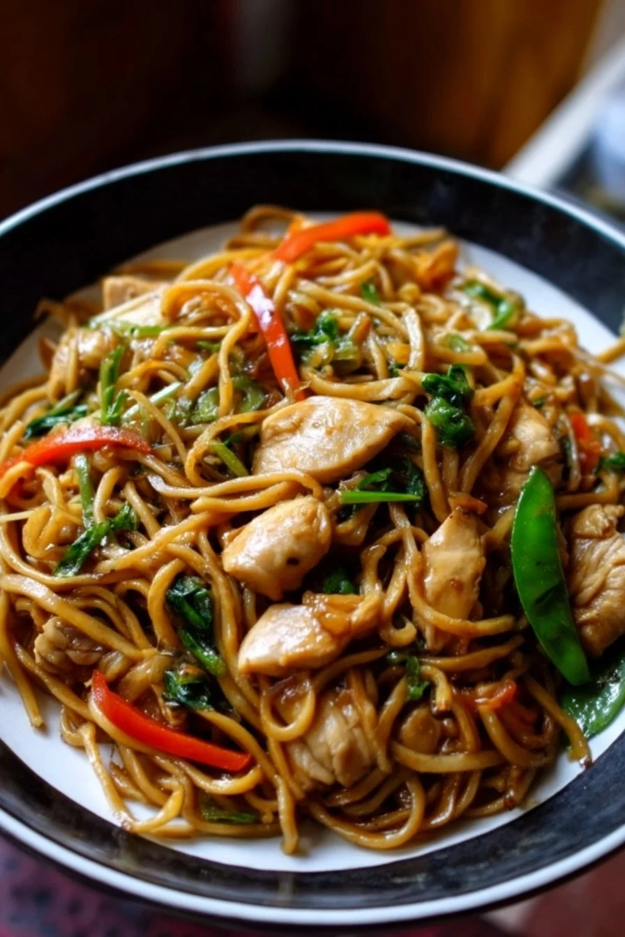 Bowl of homemade Chicken Lo Mein with vegetables and noodles