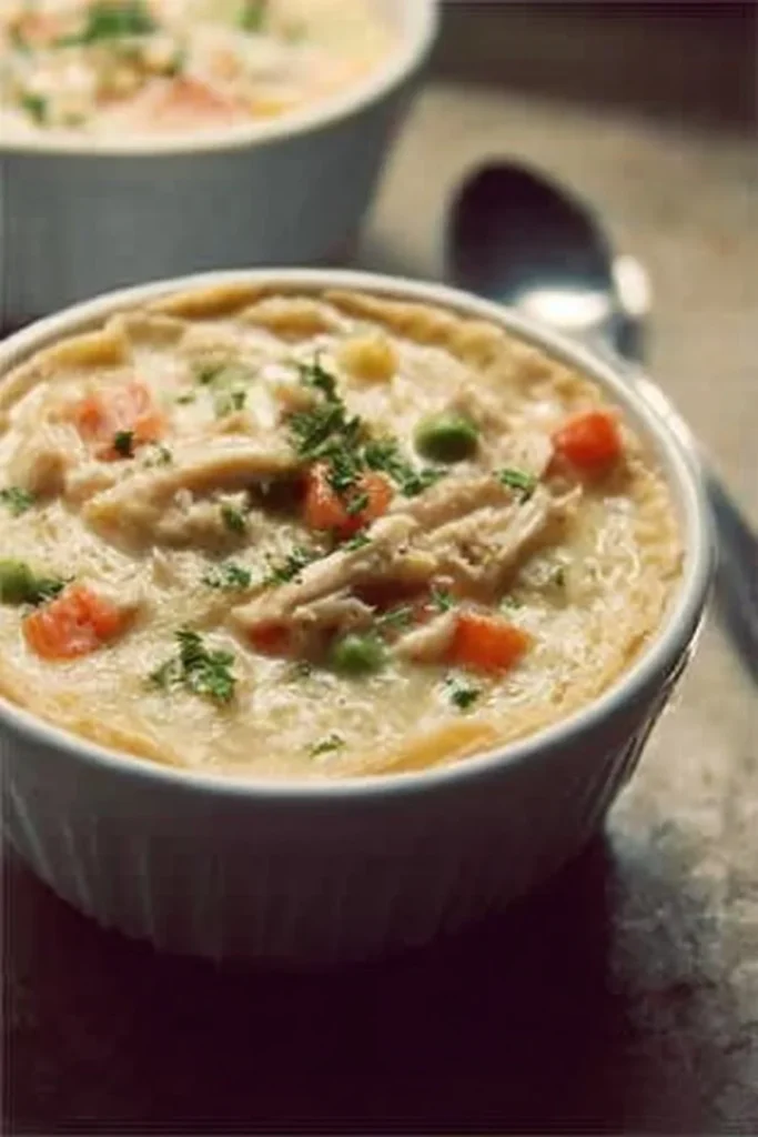 Delicious Chicken Pot Pie Soup in a bowl with fresh herbs and flaky crust pieces.
