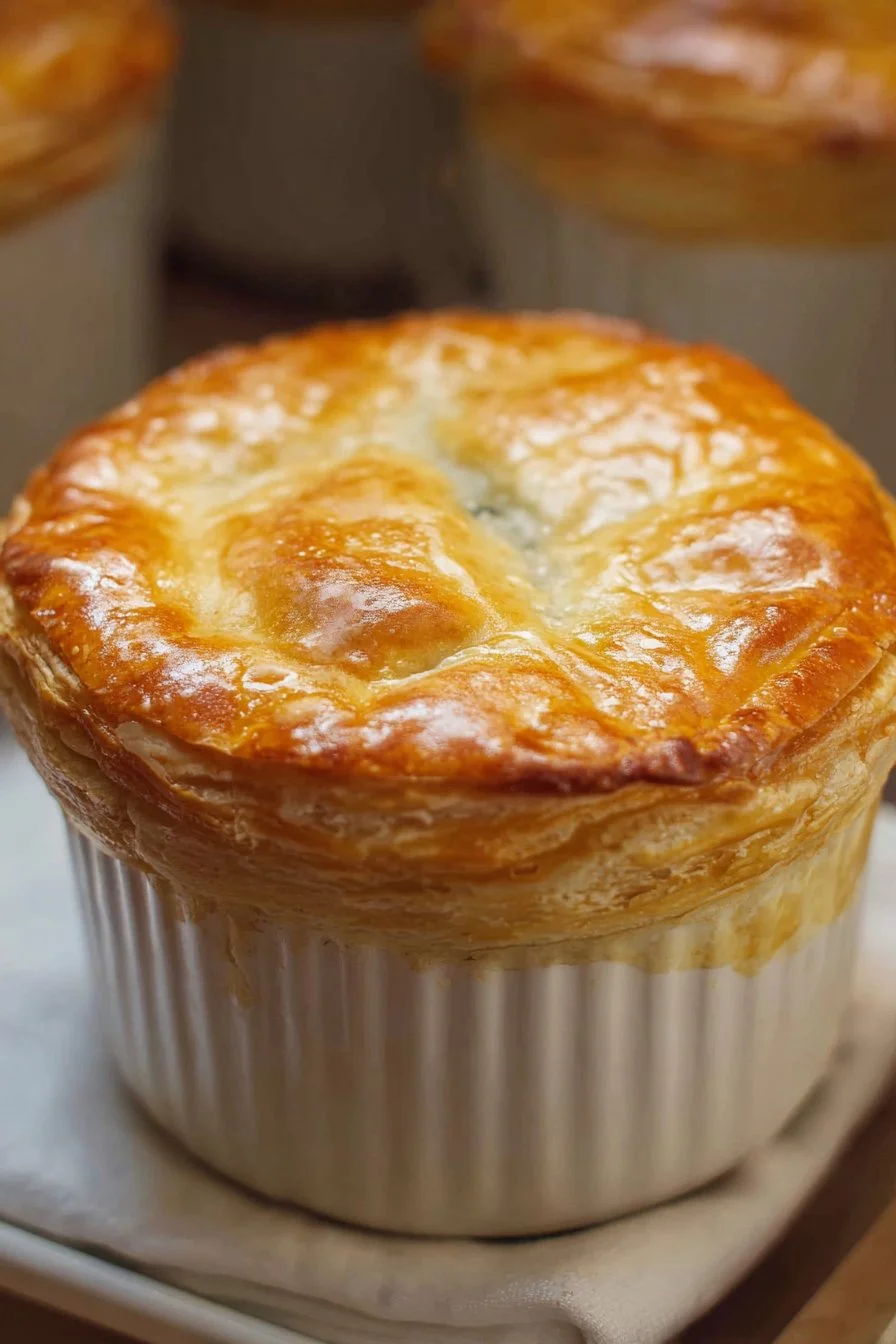 Delicious Chicken Pot Pie topped with golden Puff Pastry, filled with chicken and vegetables.