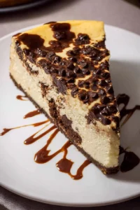 Delicious slice of chocolate chip cheesecake with chocolate chips on top