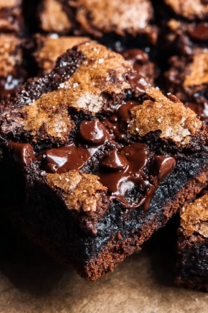 Layered chocolate chip cookie brownies showcasing gooey chocolate and cookie texture.