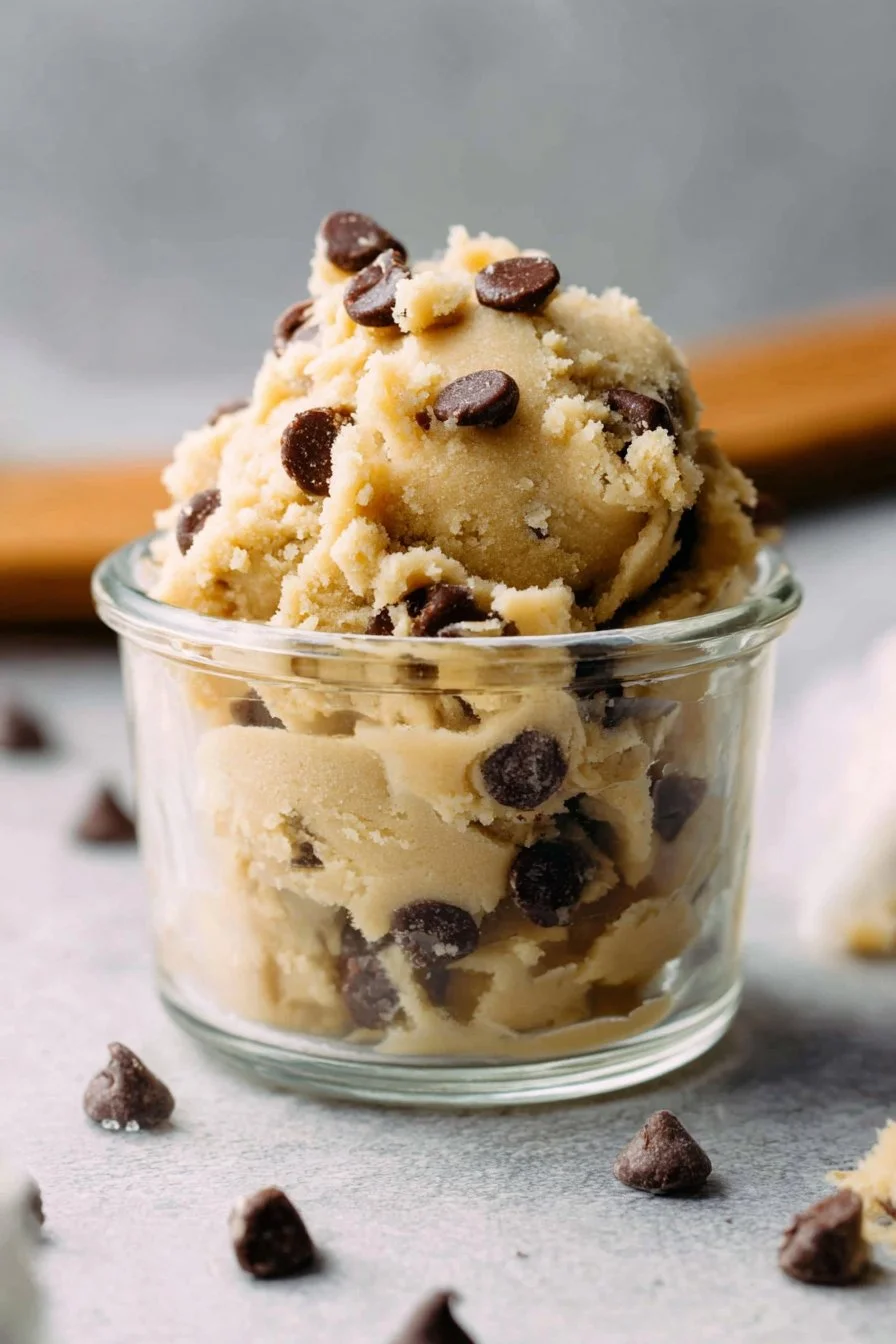 Bowl of chocolate chip edible cookie dough for one, ready to enjoy.