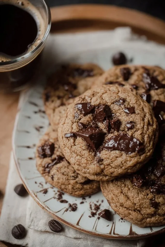 Delicious chocolate chunk espresso cookies on a plate