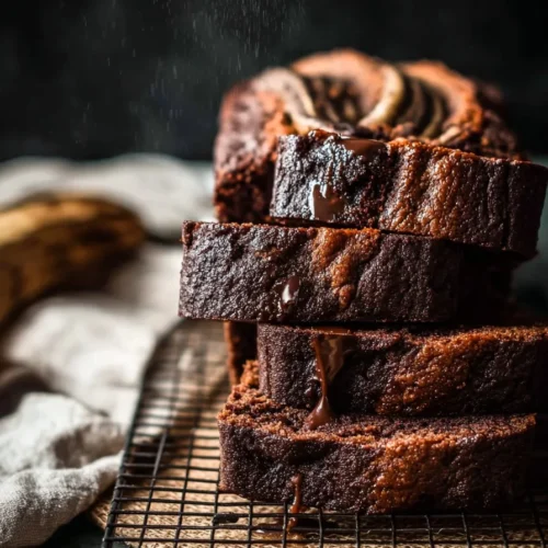 Loaf of Chocolate Espresso Banana Bread with chocolate chips and banana slices
