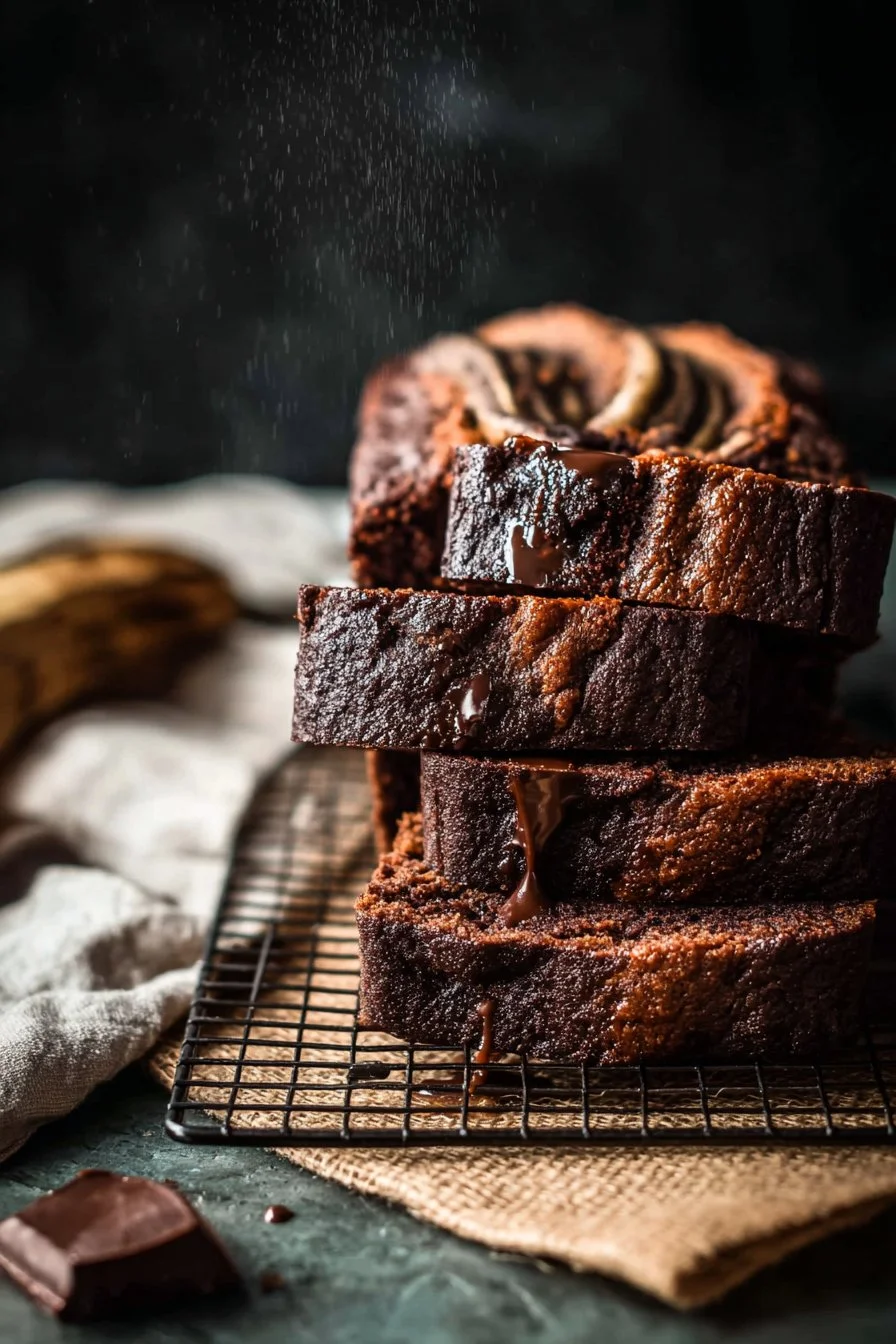 Loaf of Chocolate Espresso Banana Bread with chocolate chips and banana slices