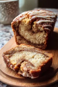 A loaf of cinnamon roll banana bread topped with icing and cinnamon.